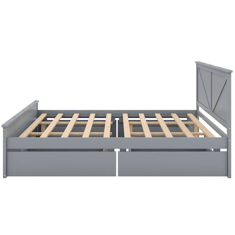 Gray King Size Wooden Platform Bed with Four Storage Drawers