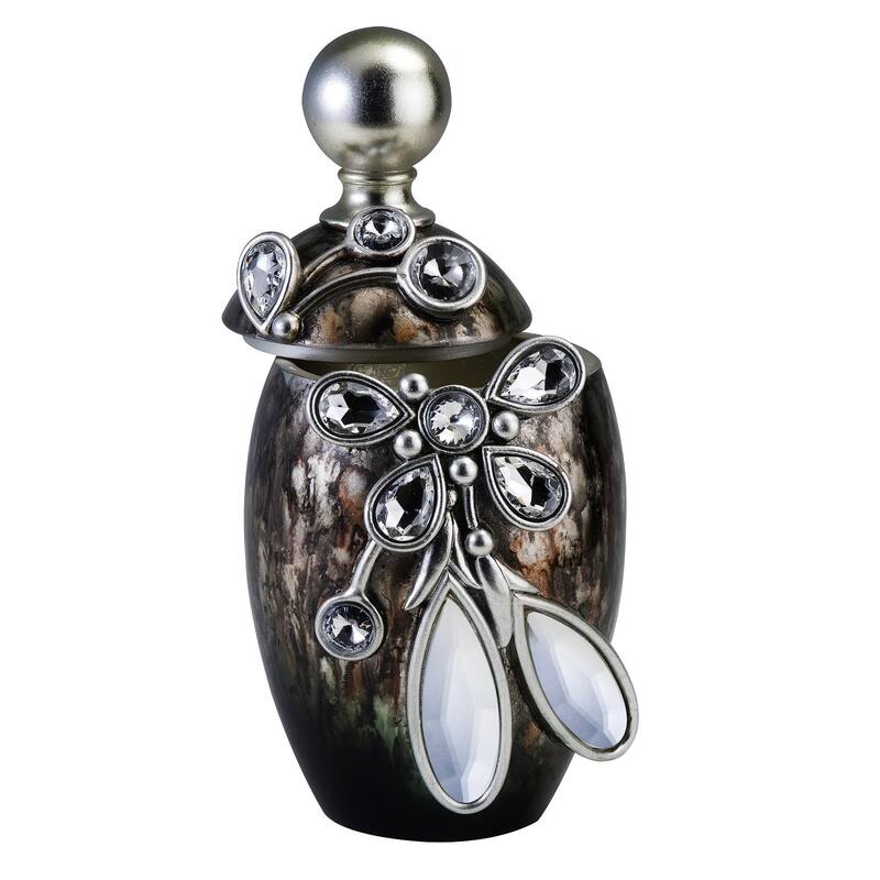 6" Brown Gold And Silver Resin Floral Scroll Jewelry Box With Gemstones and Crystals