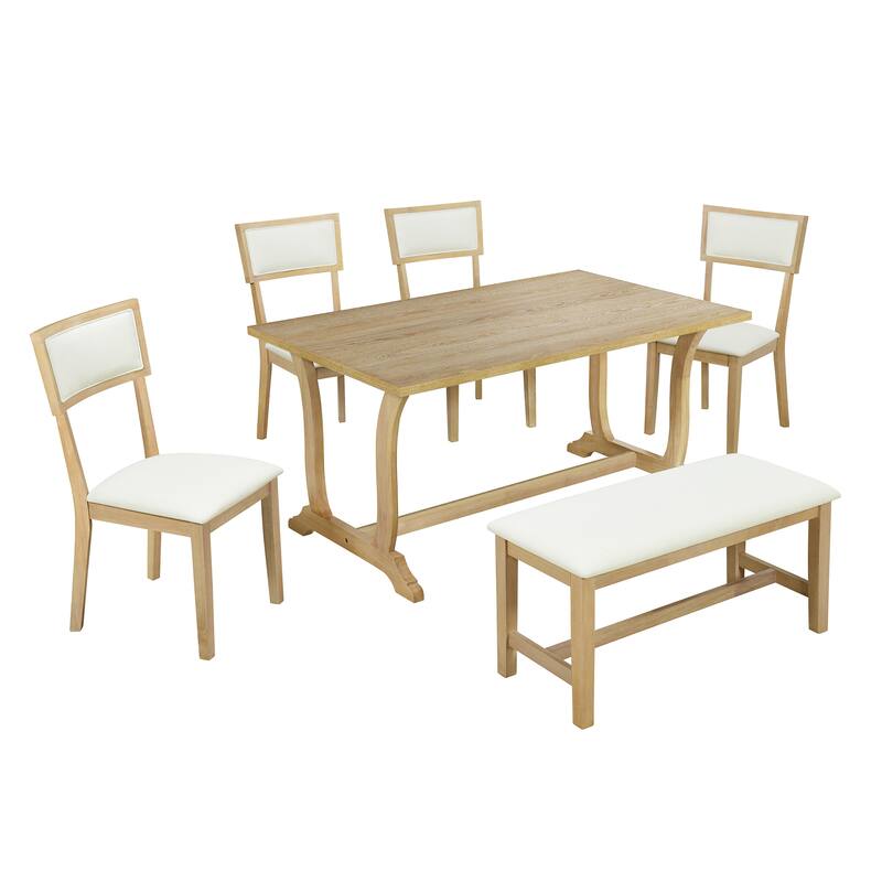 6Piece Solid Wood Trestle Dining Table Set with 59inch Rectangular