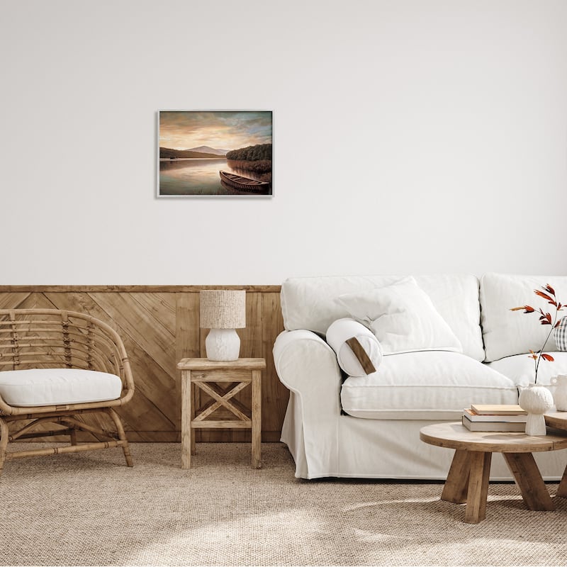Stupell Lakeside Canoe Cloudy Sky Mountain Forest Landscape Framed Wall Art - Brown