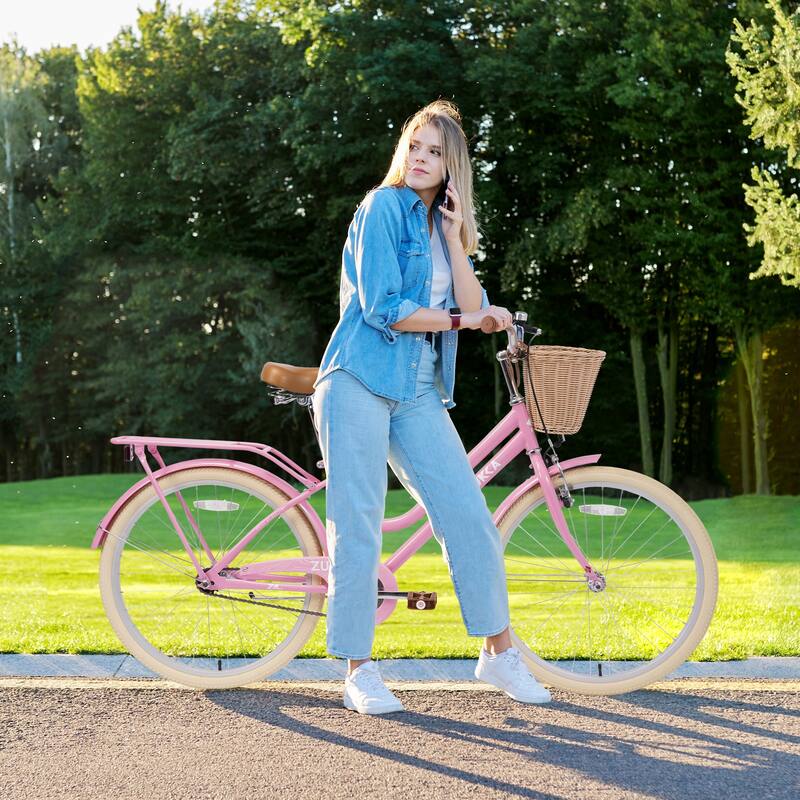 24 inch Outdoor Comfort Single Speed Bike, Steel Frame Road Cycling Bicycle w/Adjustable Genuine Leather Saddle for Kids & Teens