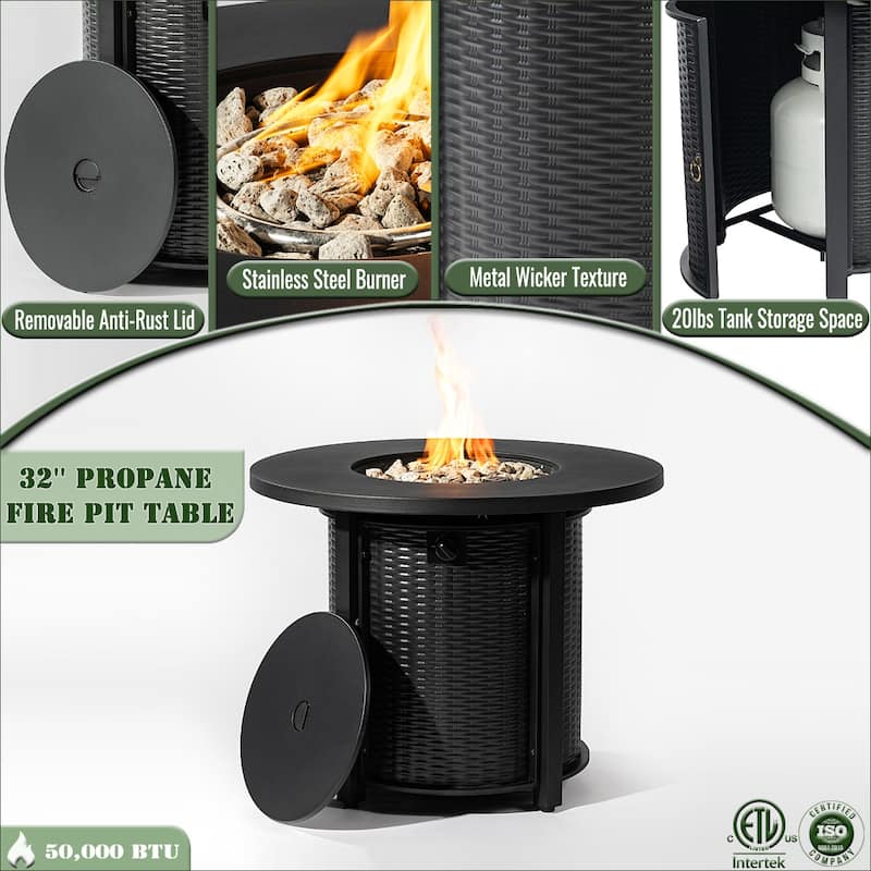 32" Propane Gas Fire Pit Table 50000 BTU Round Steel Fire Pit