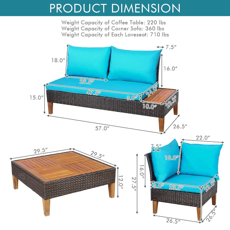 4 PCS Wood Patio Furniture Set Outdoor Rattan Sectional Sofa Set