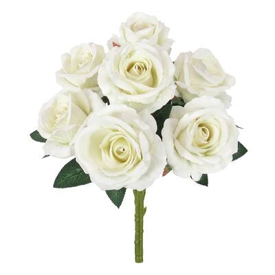 Set of 2 Cream Artificial Velvet Rose Flower Stem Bush Bouquet 16in - 16" L x 11" W x 11" DP