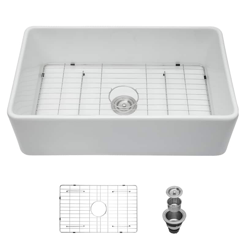 30'' Farmhouse Ceramic Single Bowl Kitchen Sink in White - 30'' x 20'' x 9''