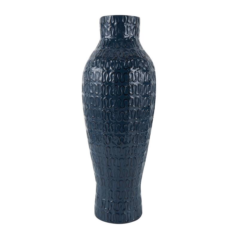 Dark Blue Metal Dimensional Textured Decorative Vase with Wavy Pattern