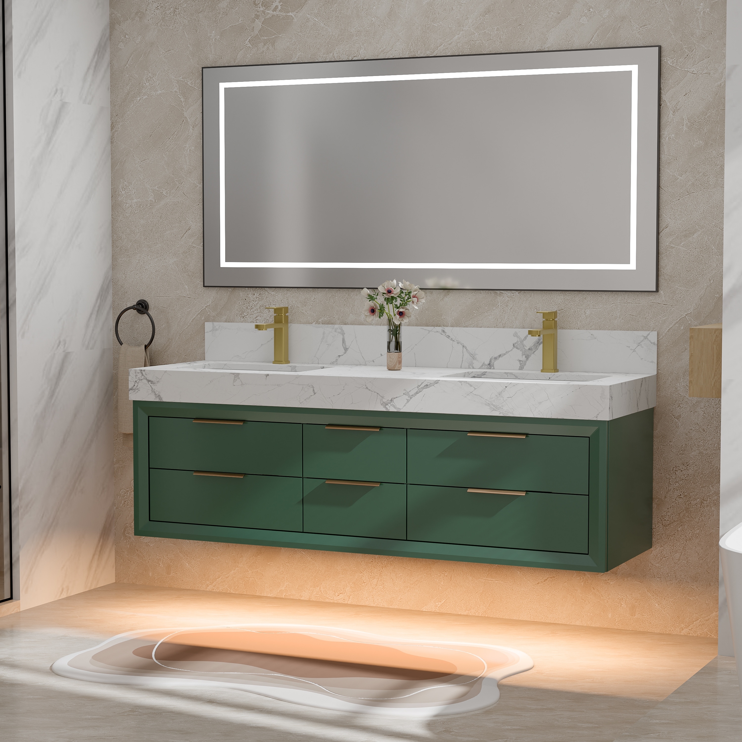 60 Inch Floating Wall-Mount Double Bathroom Vanity with Sink, Flat Panel and Built-in Ambient Lighting, Black/White/Blue/Green