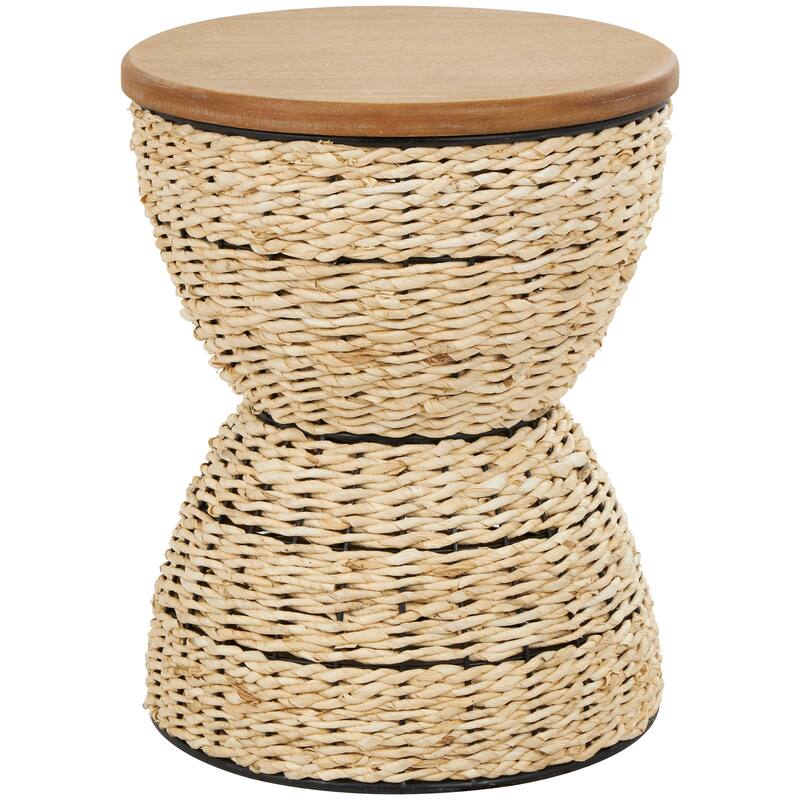 Light Brown or Brown Rattan Handmade Woven Side End Accent Table with Wood Tabletop and Black Frame