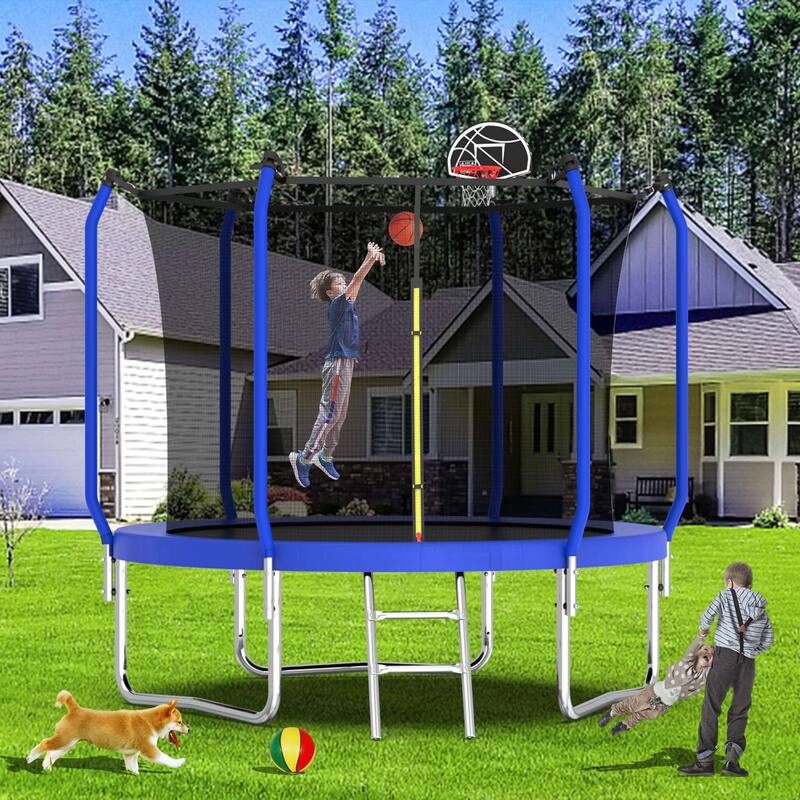 Outdoor Trampoline with Safety Net, Basketball Hoop & Ladder