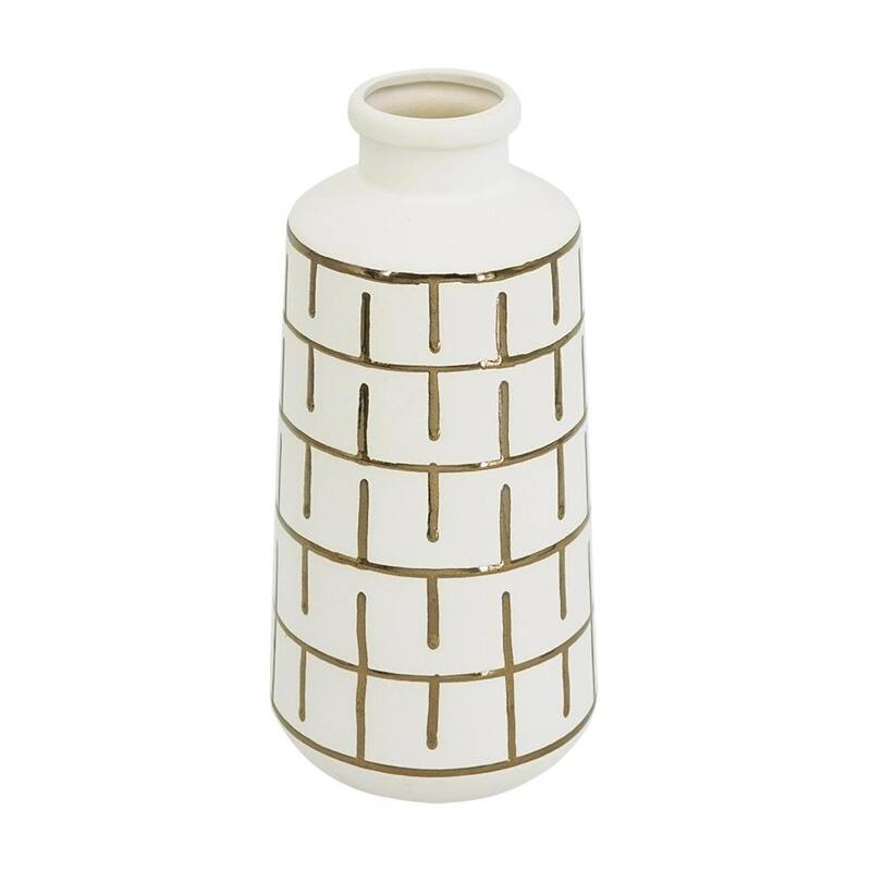 12" Ivory And Gold Geometric Cylindrical Ceramic Table Vase - 5.50