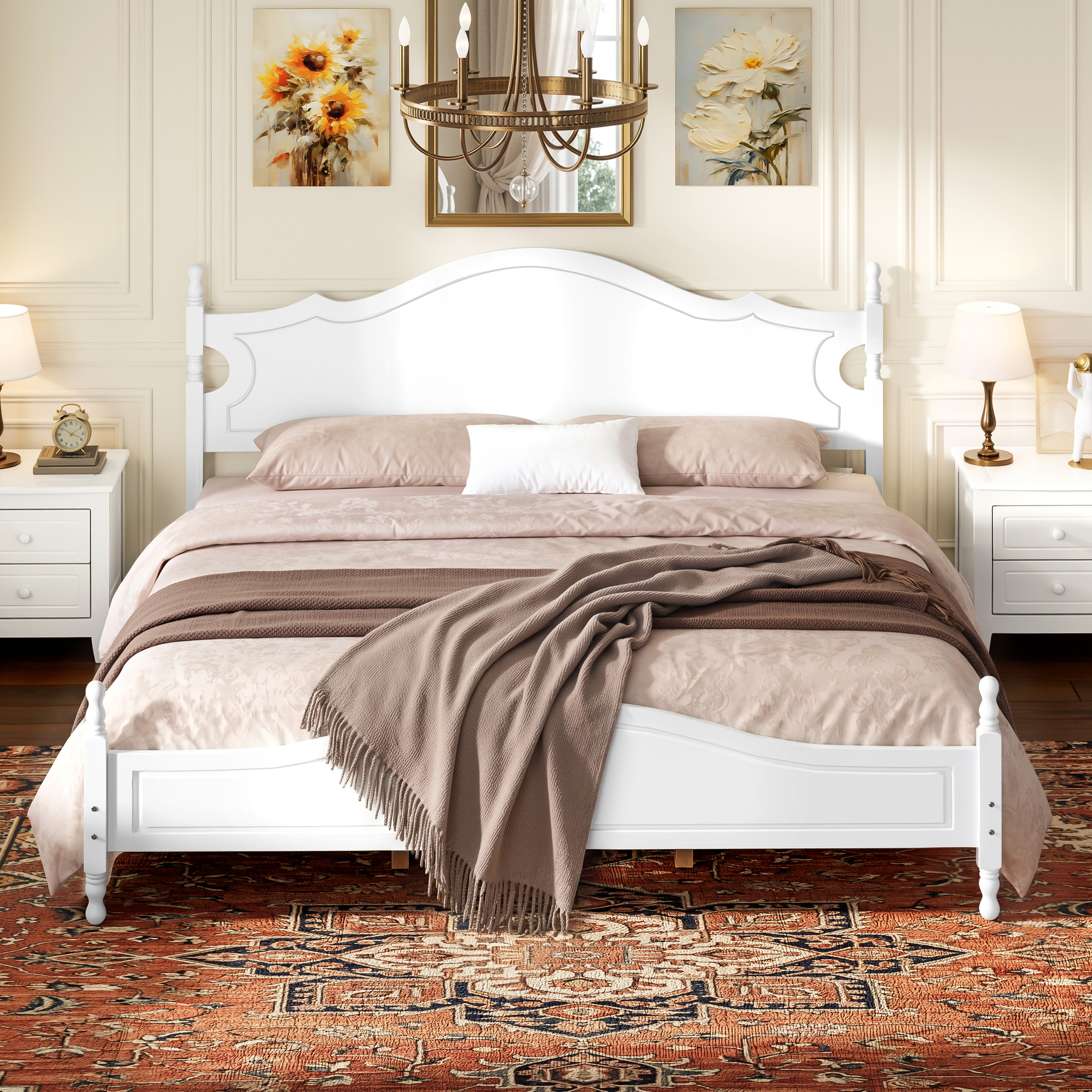 King Bed Frame with Headboard, Retro Style Wooden Platform Bed with Wood Slats Support, King Bed Frame No Box Spring Needed