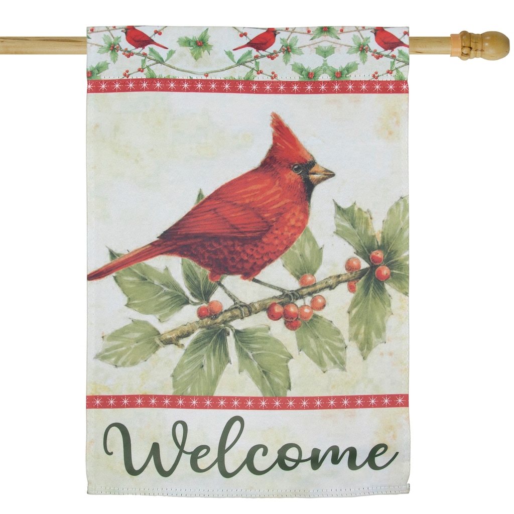 Cardinal on Holly and Berry Branch "Welcome" Christmas Outdoor House Flag - 28" x 40" - 28" x 40"