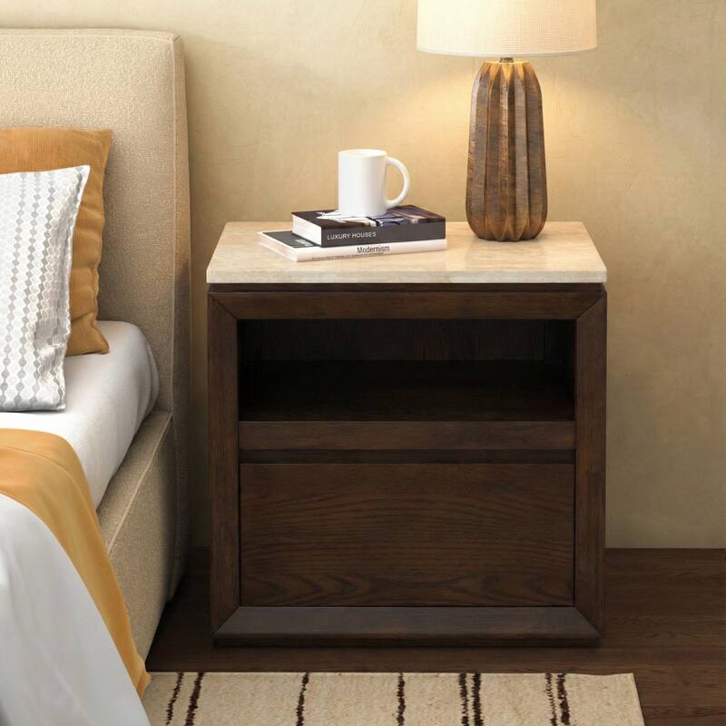 SAFAVIEH Couture Alaura Travertine Top Nightstand - Travertine/Walnut
