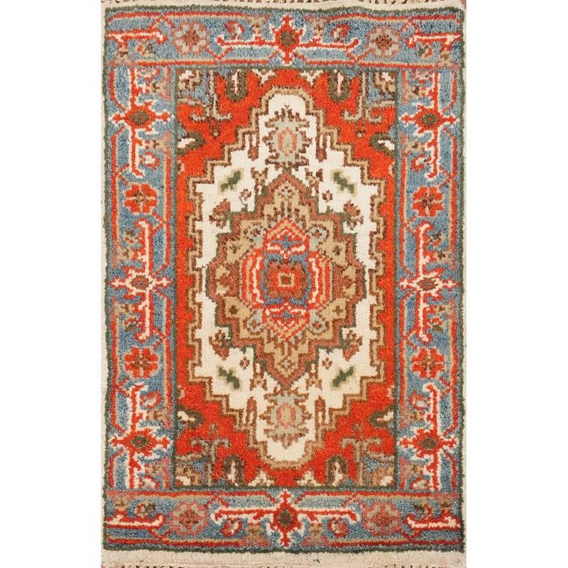 Hand Knotted Oriental 100% Wool Carpet Traditional Medallion Beige & Ivories Heriz (serapi) Area Rug - 3' 0'' X 2' 0''