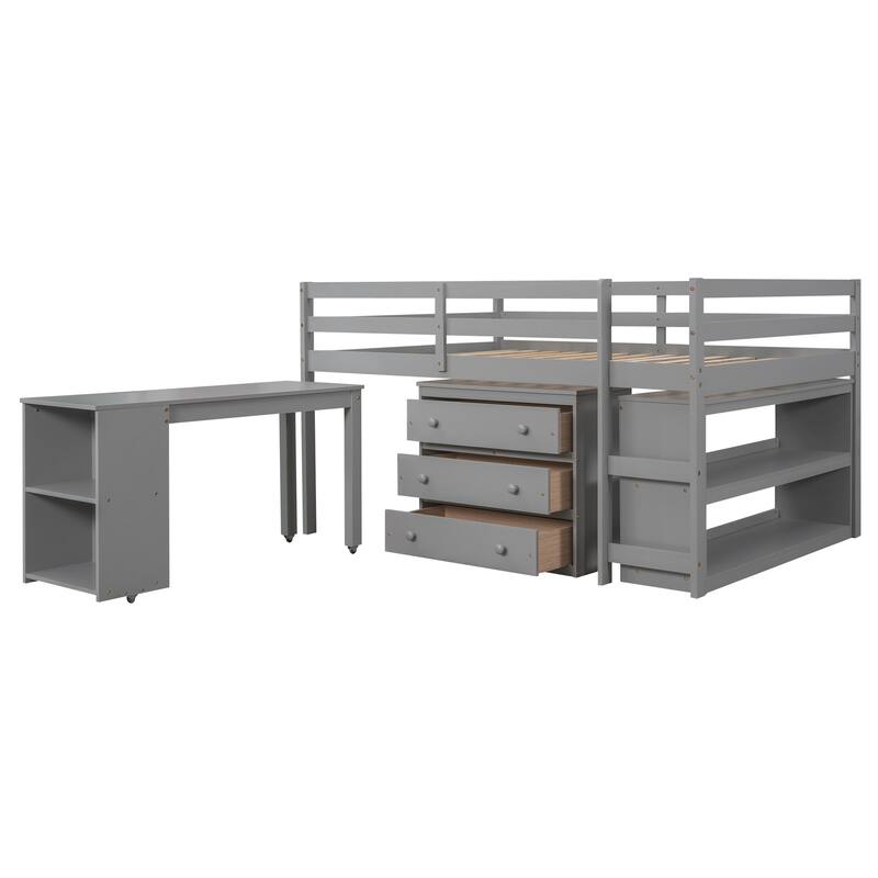 Multifunctional Full Loft Bed with Cabinet, Shelves, and Rolling Desk in Gray
