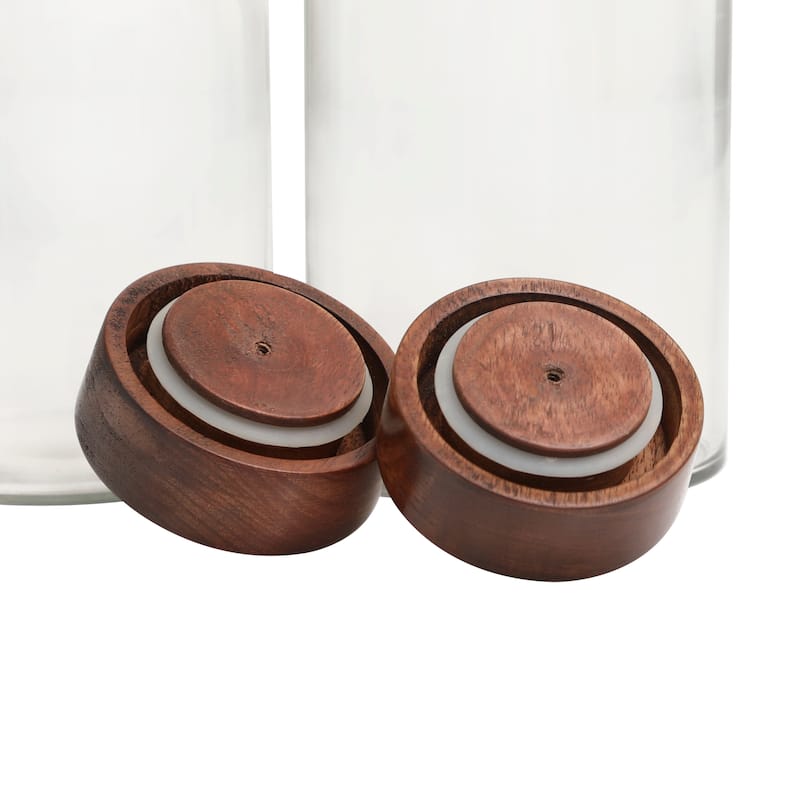 Glass Canisters with Brown Removable Lids and Antique Knobs - Set of 2 Clear - Roche River Decor - 5"W x 5"L x 11"H