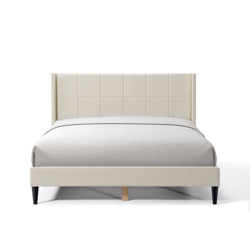 Queen Bed Frame with Wingback/Linen Upholstered Platform Bed with Square Stitched Headboard/Wood Slats Support/Solid Wood Legs