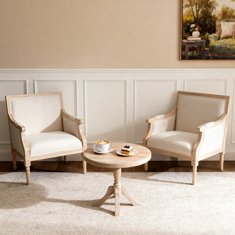 French Accent Chair Traditional Wood Frame Linen Upholstery Distressed Finish Home Decor, Singel