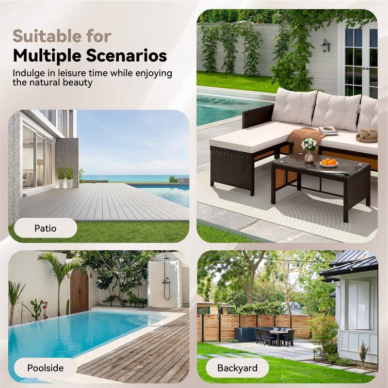 EROMMY 3-Piece Outdoor Patio Furniture Set, All-Weather PE Rattan Sofa Set with Glass Table & Cushions, Perfect for Balcony