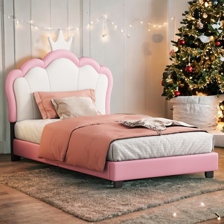 Twin Size Upholstered Princess Bed with Crown Headboard, Platform Bed with Headboard and Footboard, White+Pink
