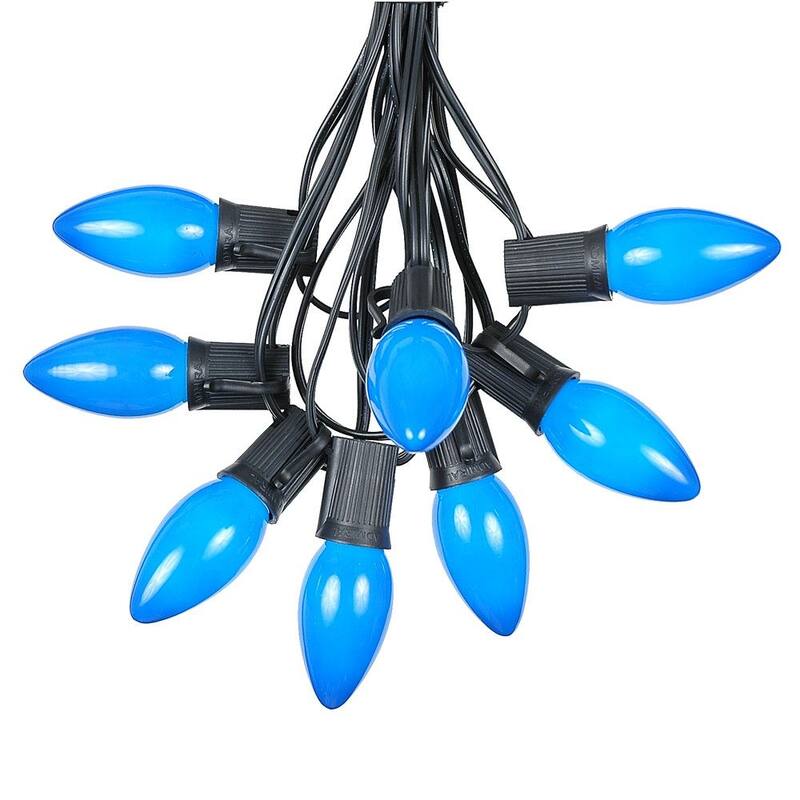 25 Foot C9 Ceramic Christmas Light Set, Hanging String Lights, Black Wire - Blue