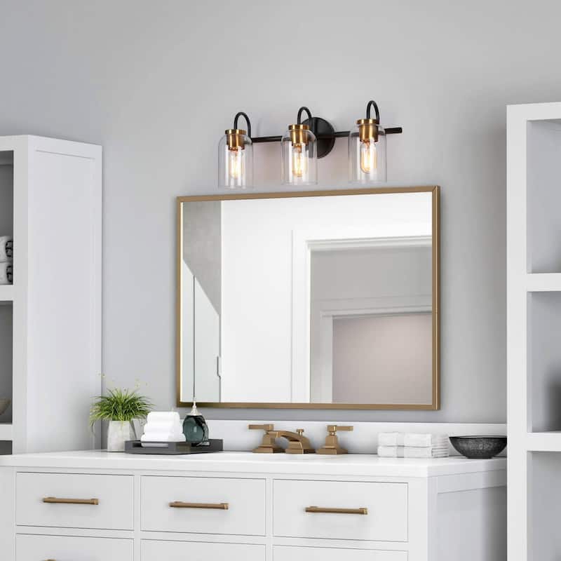 Modern Industrial 3-Light Black Brass Wall Light Clear Glass Vanity Light Fixture for Bathroom