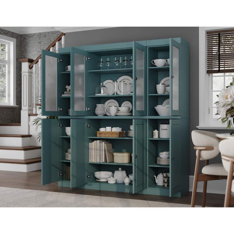 100% Solid Wood 65" Pantry China Cabinet with Solid, Frosted Glass Doors and Adjustable Shelves