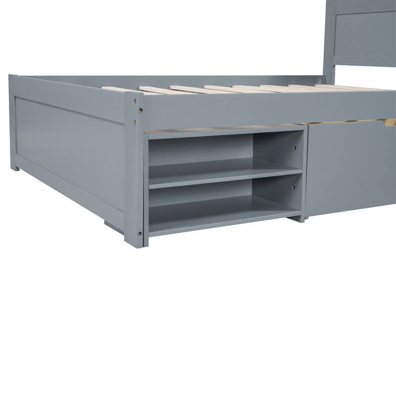 Twin/Full Size Platform Bed with Drawer and 2 Storage Shelves, Modern Bed Frame with Headboard and Large Storage Space
