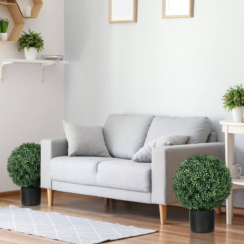 Set of 2 Artificial Boxwood Trees Ball Shaped UV Protected Durable Plastic with Nursery Pots for Home and Office Decor