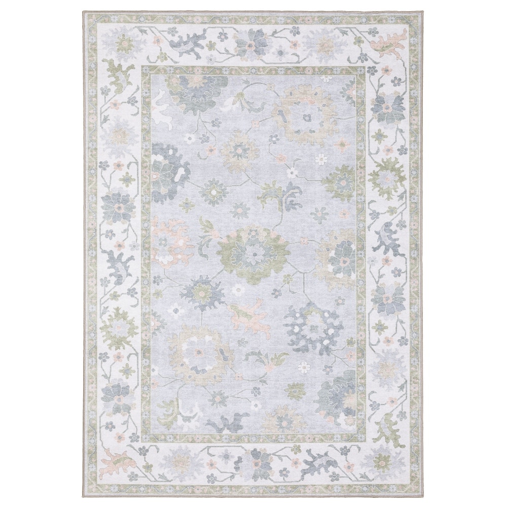 Addison Floral Traditional Blue/ Green Printed Washable Flat Pile Rug