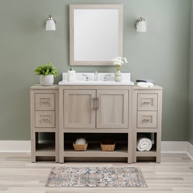 Linon Blakely Vanity with Mirror and Dual 12-inch Side Cabinets - 25" Vanity - Sandstone