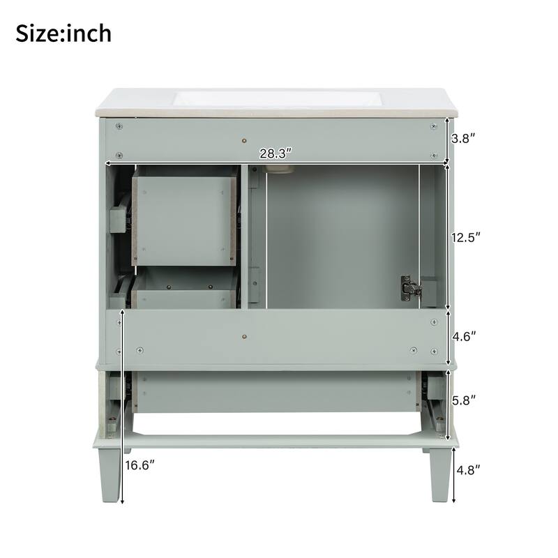 Single Sink Bathroom Vanity Cabinet, Vanity Base & Ceramic Sink Combo Set, 3 Drawers Bathroom Storage Cabinet, 30 Inch