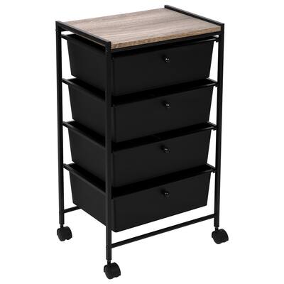 East Bank Designs Wide 4-drawer Storage Rolling Cart, Matte Black Frame with Grey Wood Top