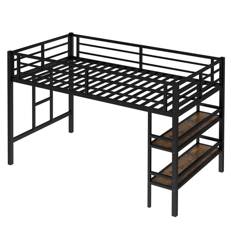 Twin Size Metal Loft Bed with Storage Shelf, Loft Bed with Easy Climbing Ladder and Guardrails for Kids, Black