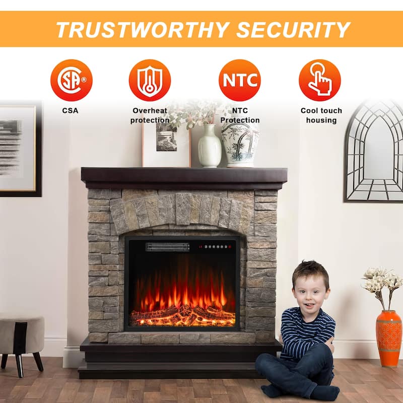 BOSSIN 36" /40" Electric Fireplace with Mantel, 23 inch Electric Fireplace Insert, TV Stand Freestanding Heater Flame Faux Stone