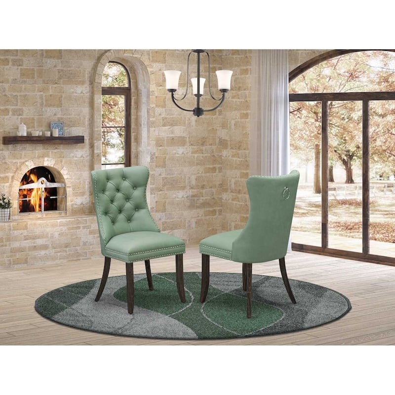 Parsons Dining Chairs Set of 2 - Tufted Faux Leather Accent Chairs - Green Nailhead Trim - Distressed Wood Legs