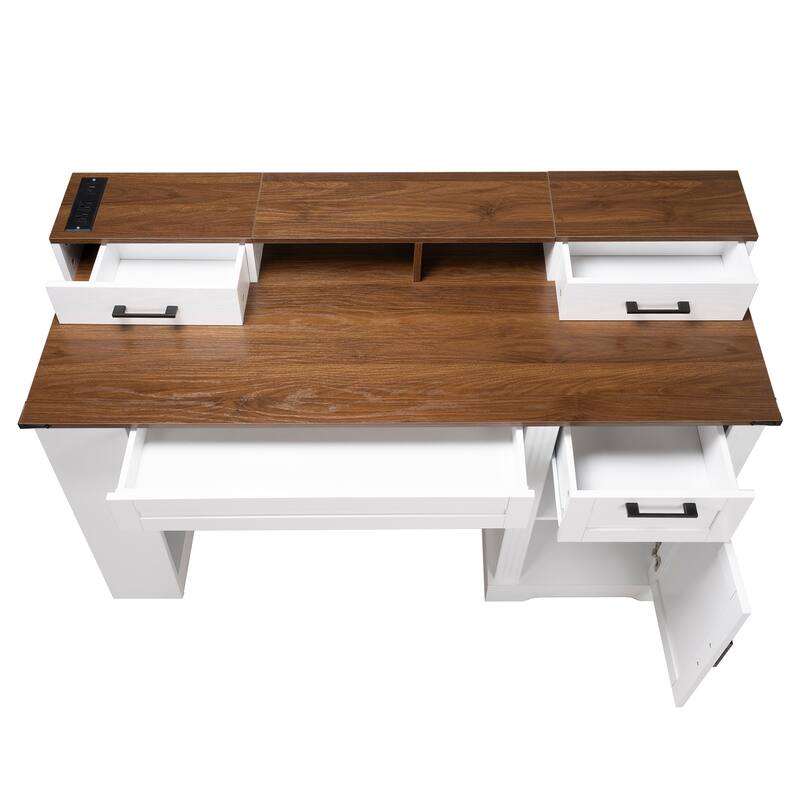 Roomfitters 55" Farmhouse Office Desk with Barn Door Cabinet, Pegboard & Charging Station