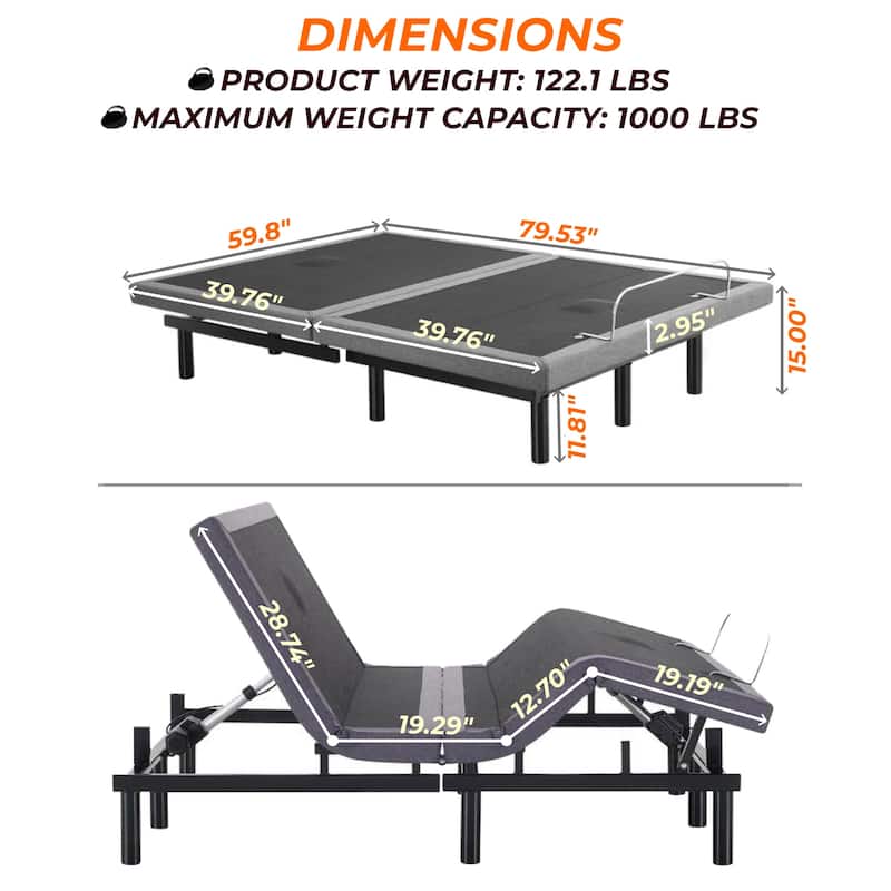Adjustable Bed Base Frame with Zero-Gravity Positioning, Massage Options and Independent head and Foot Incline Adjustments