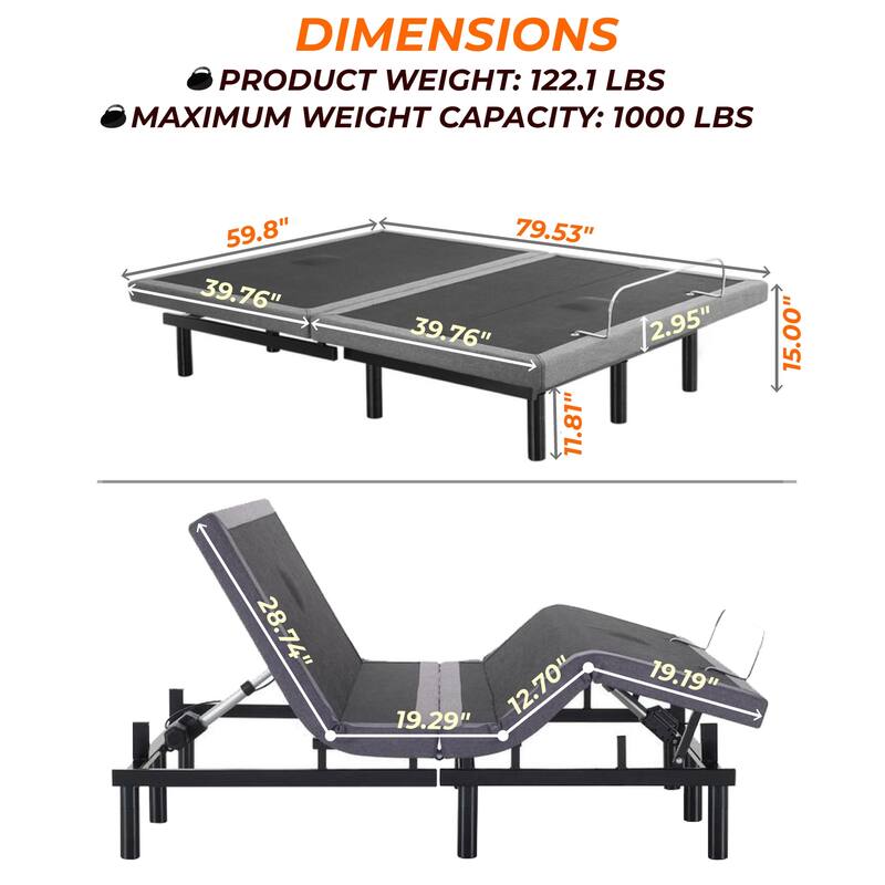 Adjustable Bed Base with Head & Foot Tilt, Wireless Remote – Sleep Solution with Zero Gravity & Lumbar Support