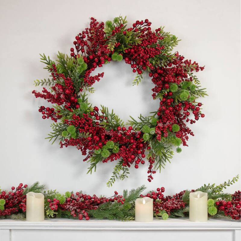 Artificial Frosted Red Berry and Pine Christmas Wreath, 28-Inch, Unlit