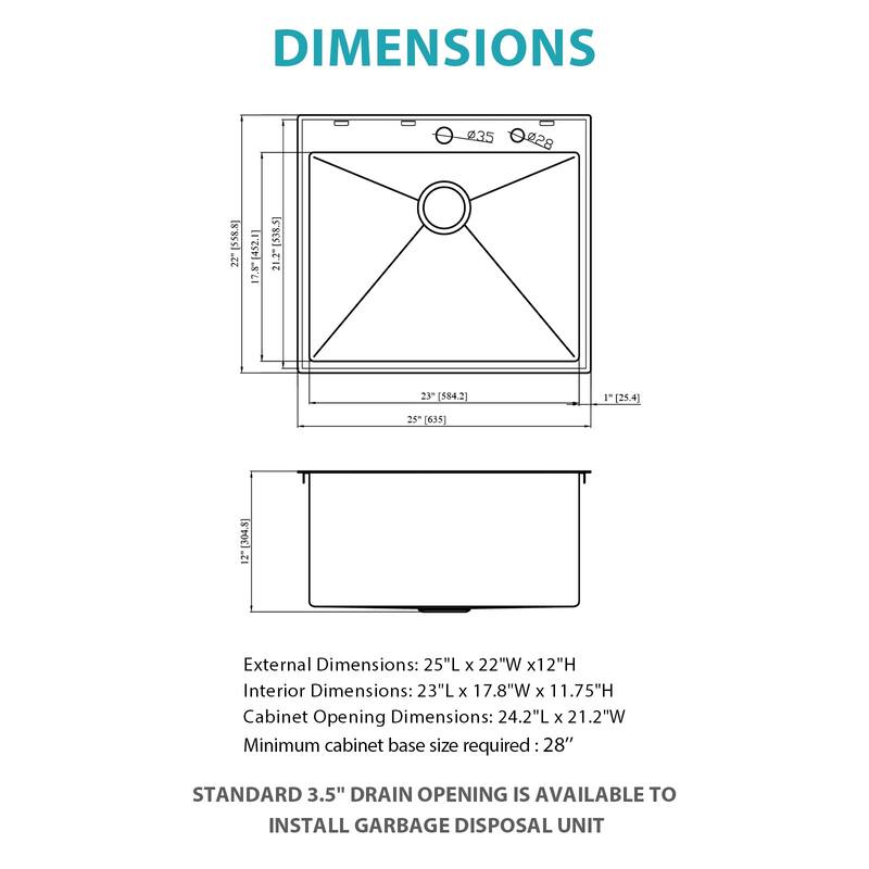 25" Drop-In 16 Gauge Single Bowl Stainless Steel Kitchen Sink in Gunmetal Black - 25'' x 22'' x 12''