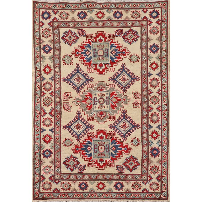 Geometric Kazak Oriental Accent Rug Handmade Beige Wool Carpet - 3'3" x 5'0"