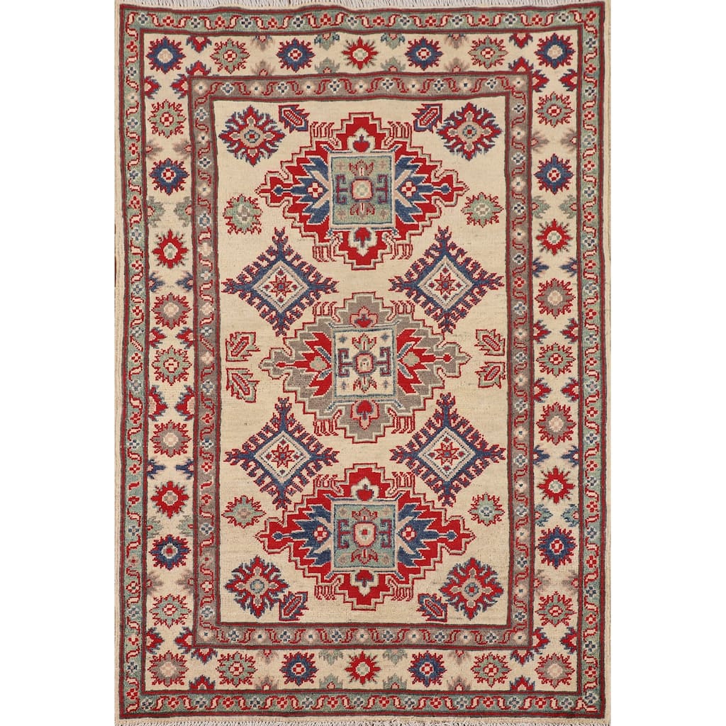Geometric Kazak Oriental Accent Rug Handmade Beige Wool Carpet - 3'3" x 5'0"