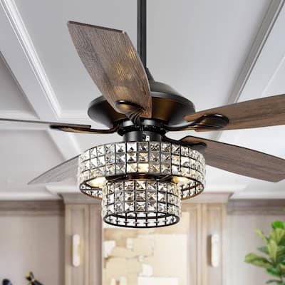 52" Black 4-Light Wooden Crystal Ceiling Fan Chandelier with Remote