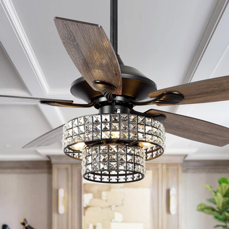 52-inch Matte Black Modern Crystal Downrod Mount Fandelier Ceiling Fan with Light and Remote