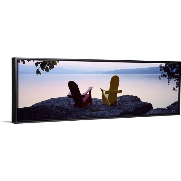 Shop Red And Yellow Adirondack Chairs On A Rock Near A Lake
