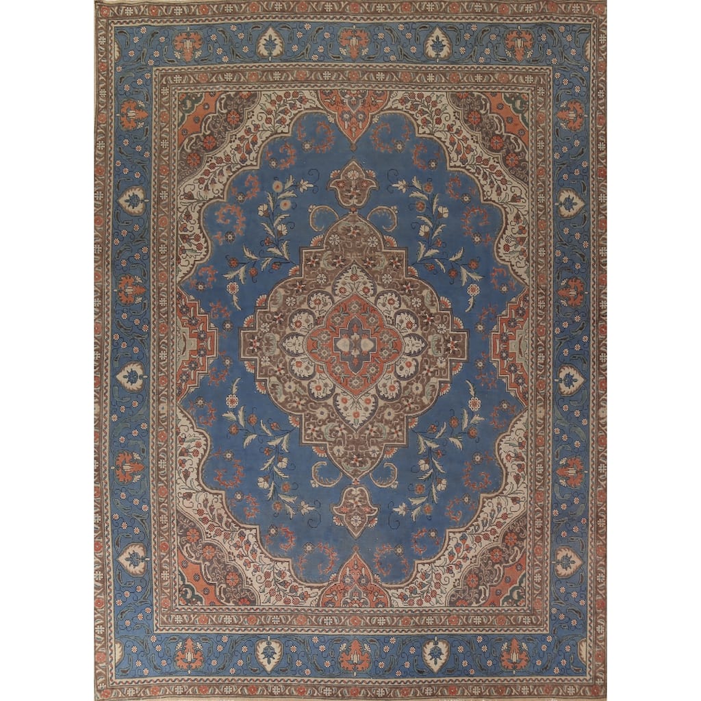 Blue Tabriz Persian Vintage Area Rug Handmade Wool Carpet - 9'10"x 13'0"