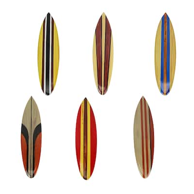 Set Of 6 Handcrafted Wood Surfboard Wall Sculptures Beach-Themed Home