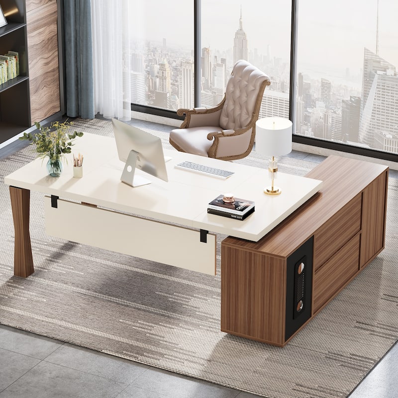 Modern 71-Inch Executive Desk, L-Shaped Desk with Storage Shelves and Cabinet, Large Office Desk Business Furniture Set