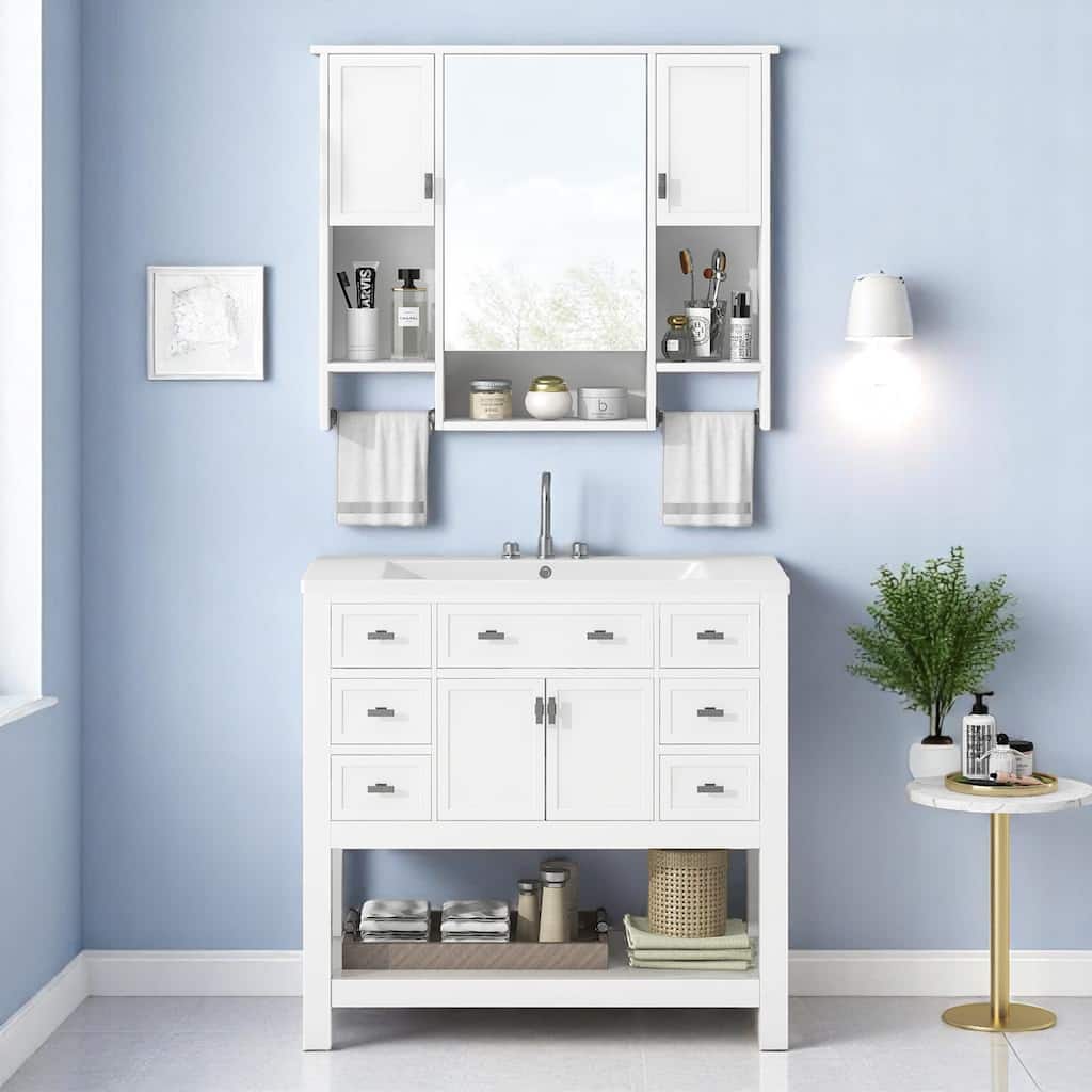36 Inch Bathroom Vanity Set with Sink, Wall Mirror Cabinet with Towel Bar, Freestanding Cabinet with Drawers